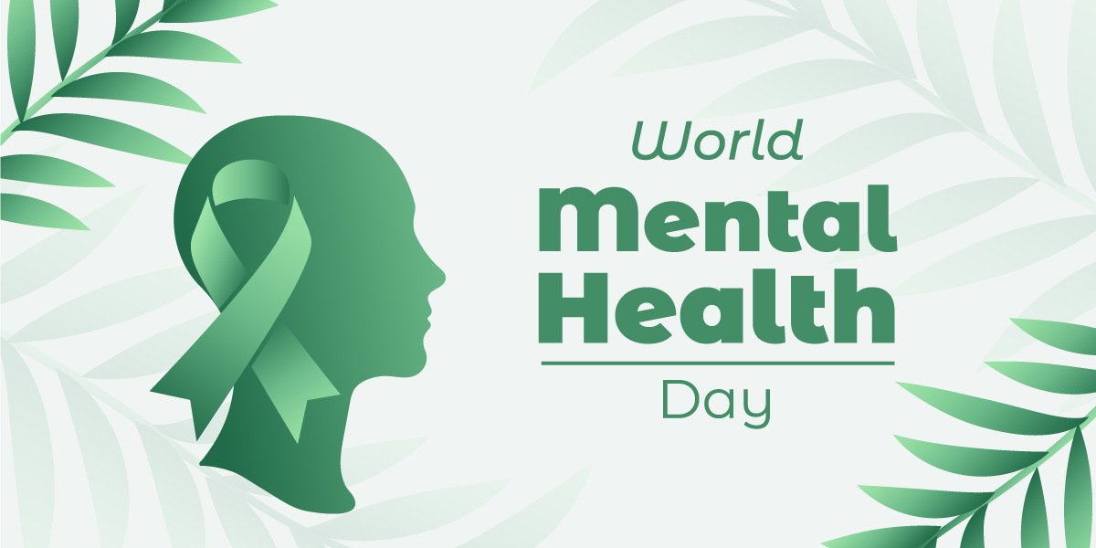 Outline of head and green ribbon with World Mental Health Day written on side