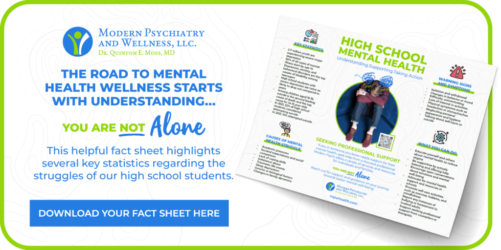The road to mental health wellness starts with understanding you are not alone. This helpful fact sheet highlights several key statistics regarding the struggles of our high school students. Download your fact sheet here. 