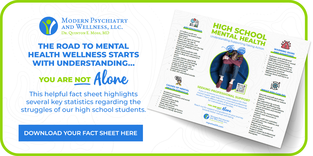 The road to mental health wellness starts with understanding you are not alone. This helpful fact sheet highlights several key statistics regarding the struggles of our high school students. Download your fact sheet here.