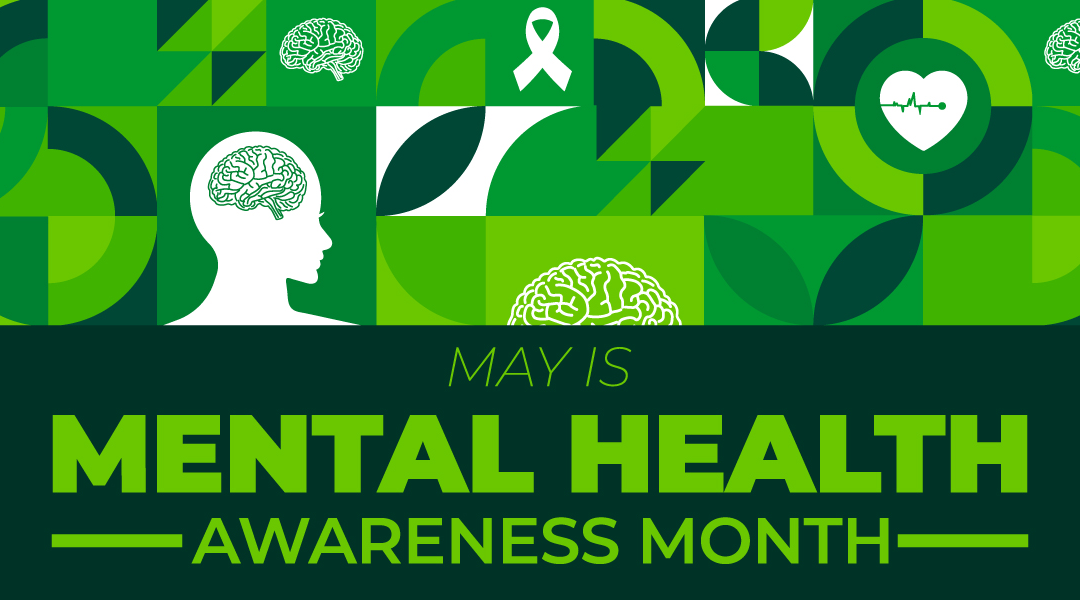 Green geometric banner announcing May is Mental Health Awareness Month, with brain icons and a heart symbol.