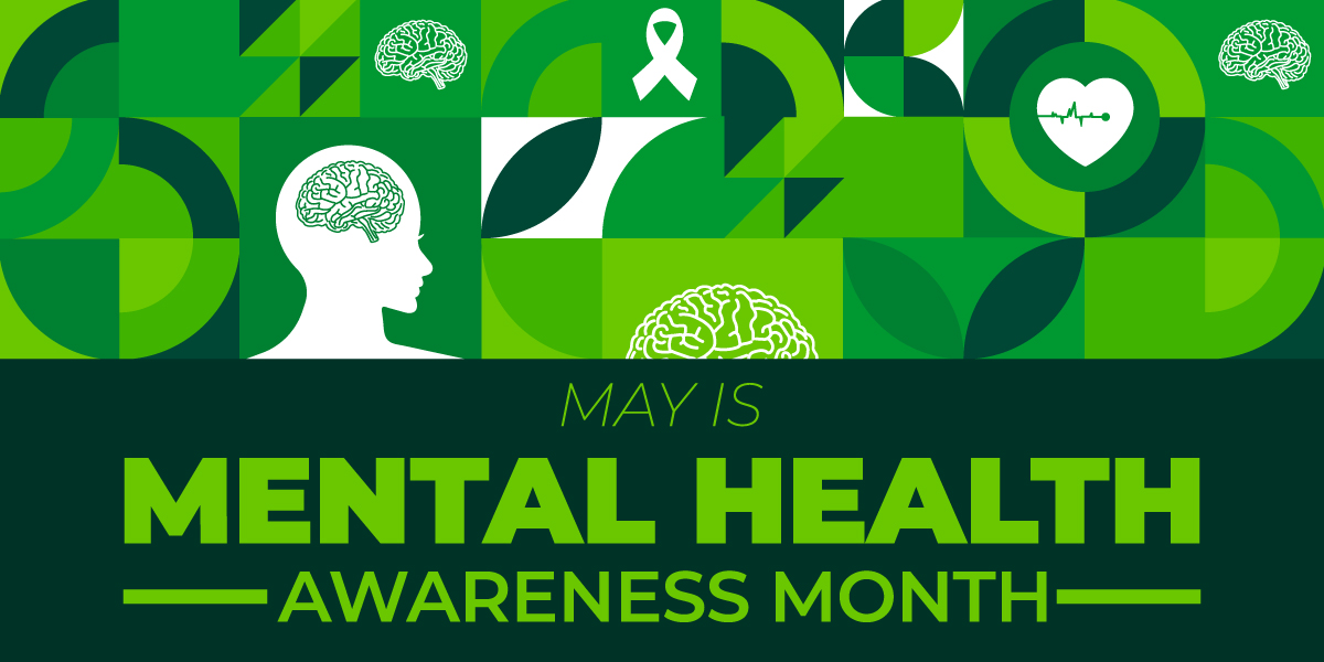 Green geometric banner announcing May is Mental Health Awareness Month, with brain icons and a heart symbol.