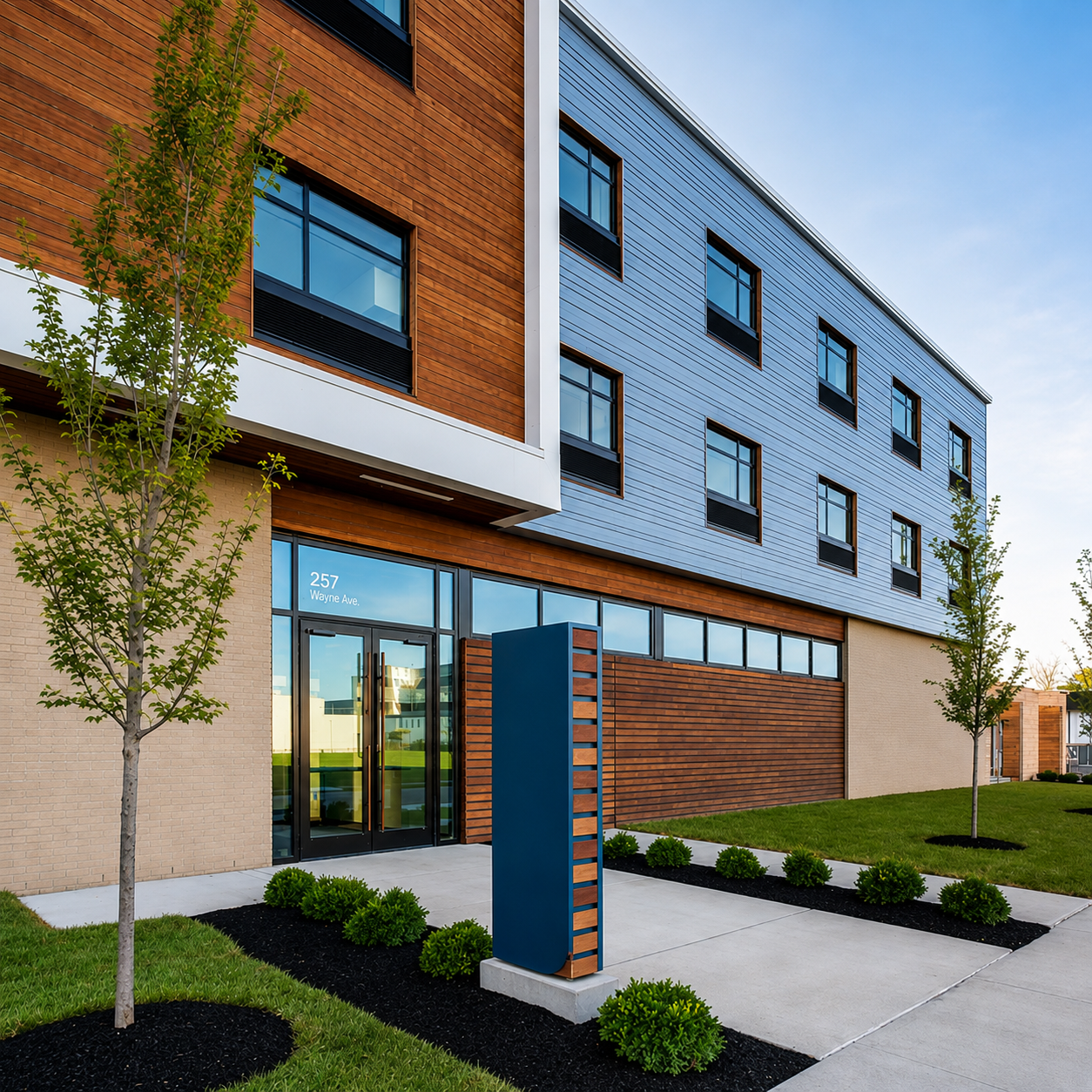Modern three-story building with blue siding and wood paneling, glass entrance, and landscaped front yard with trees and shrubs in view.
