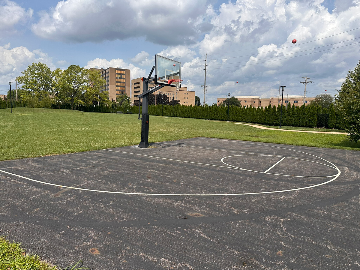 Outdoor basketball court with a hoop on dark asphalt, surrounded by grass, trees, and distant buildings under a cloudy sky.